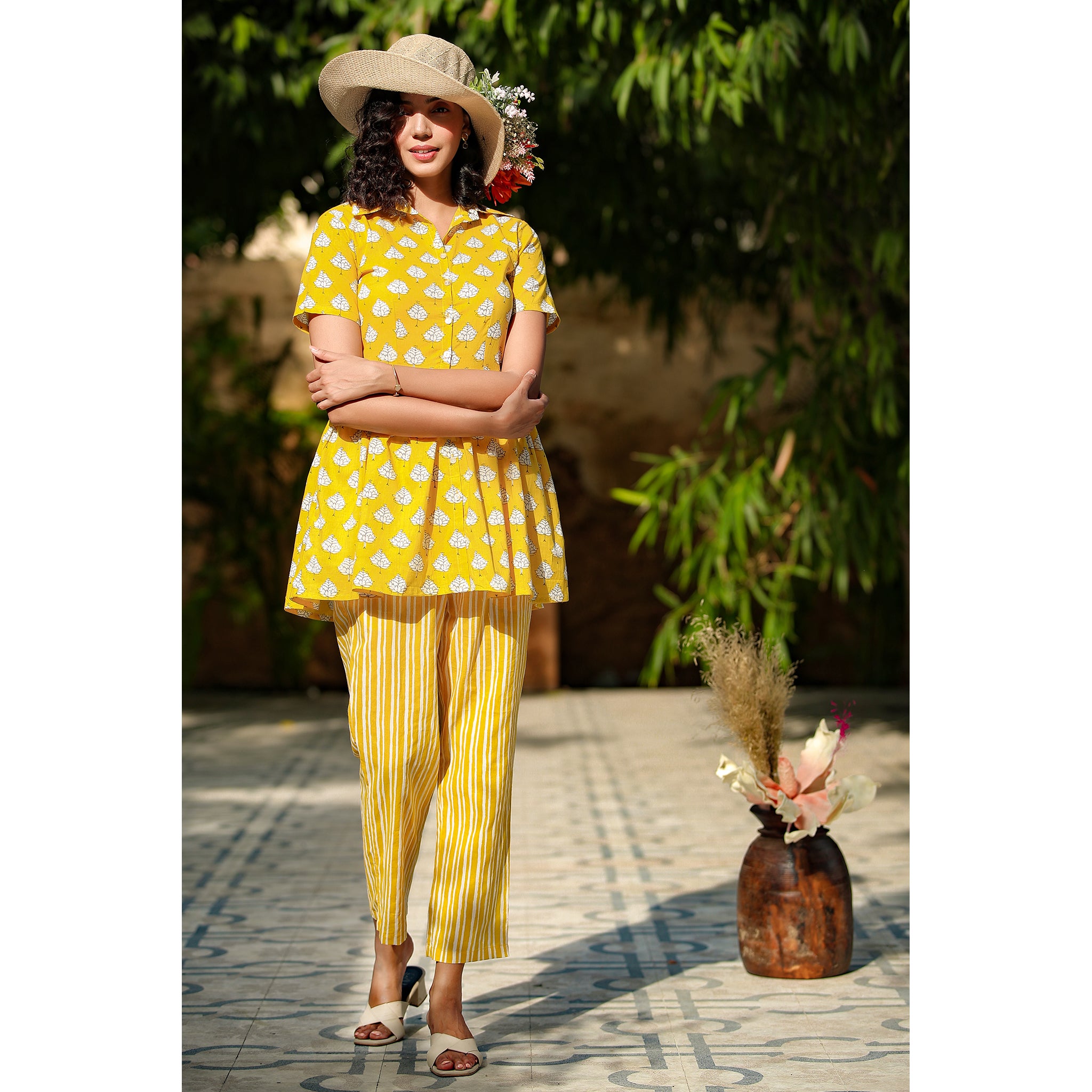 Tropical leaves with stripes on yellow Peplum Loungewear Top Set