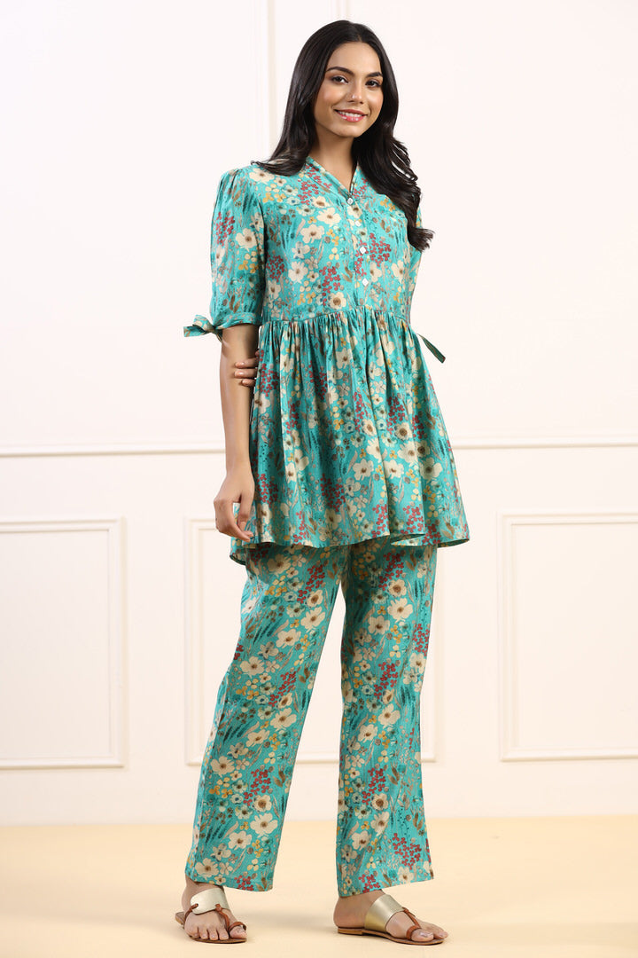 Flower Power Muslin Silk Blue Co-ord Set