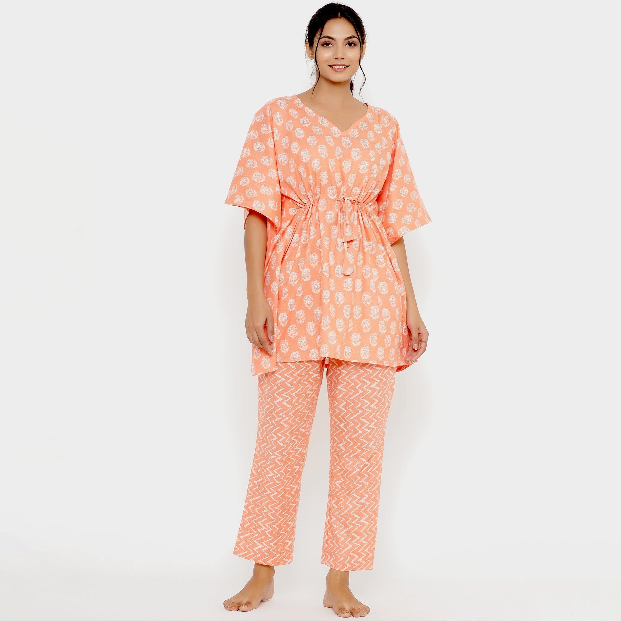 Roses on Pastel Orange Kaftan Pyjama Set