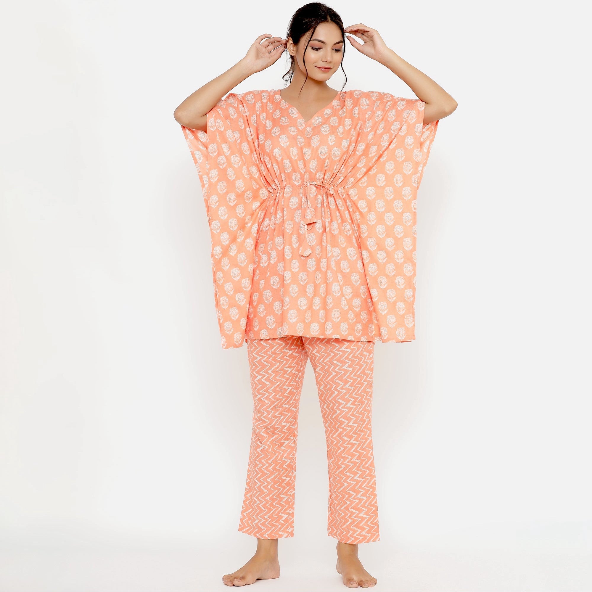 Roses on Pastel Orange Kaftan Pyjama Set