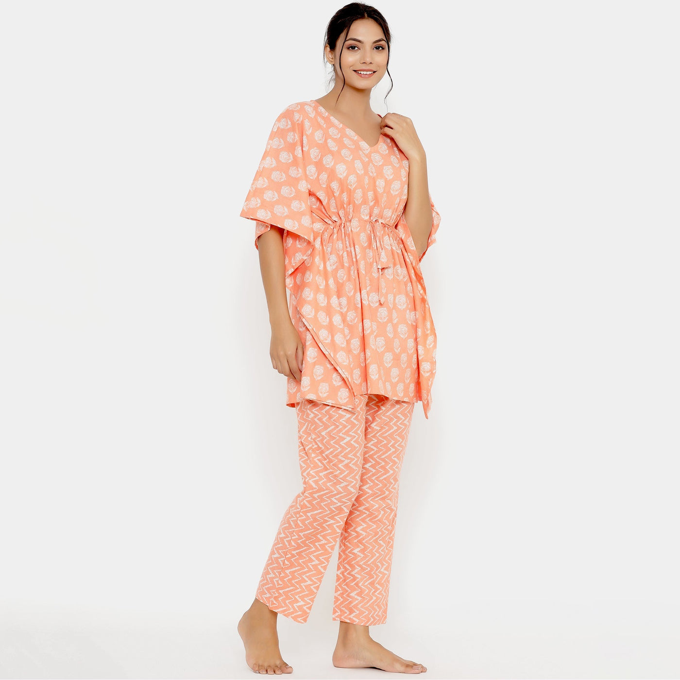 Roses on Pastel Orange Kaftan Pyjama Set