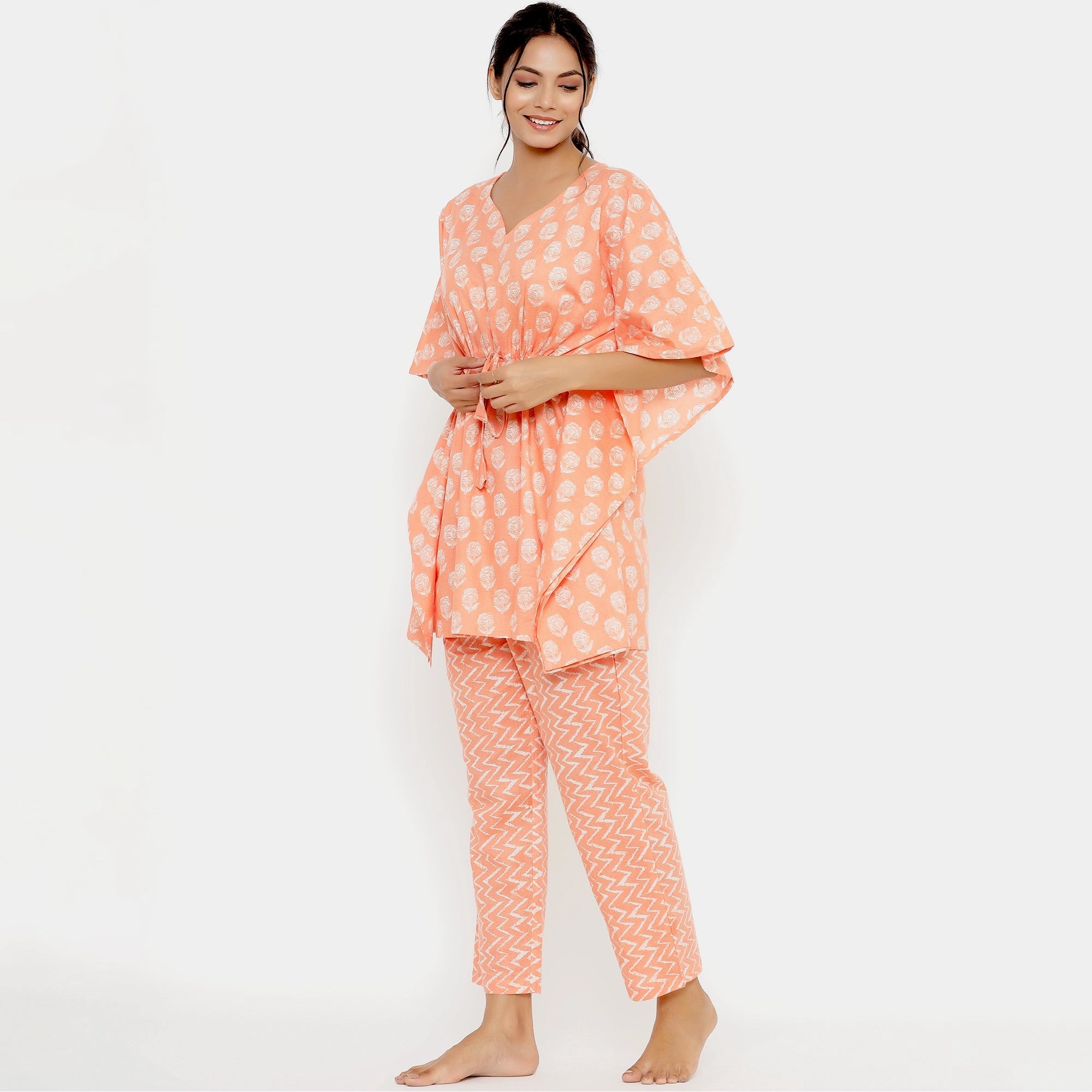 Roses on Pastel Orange Kaftan Pyjama Set