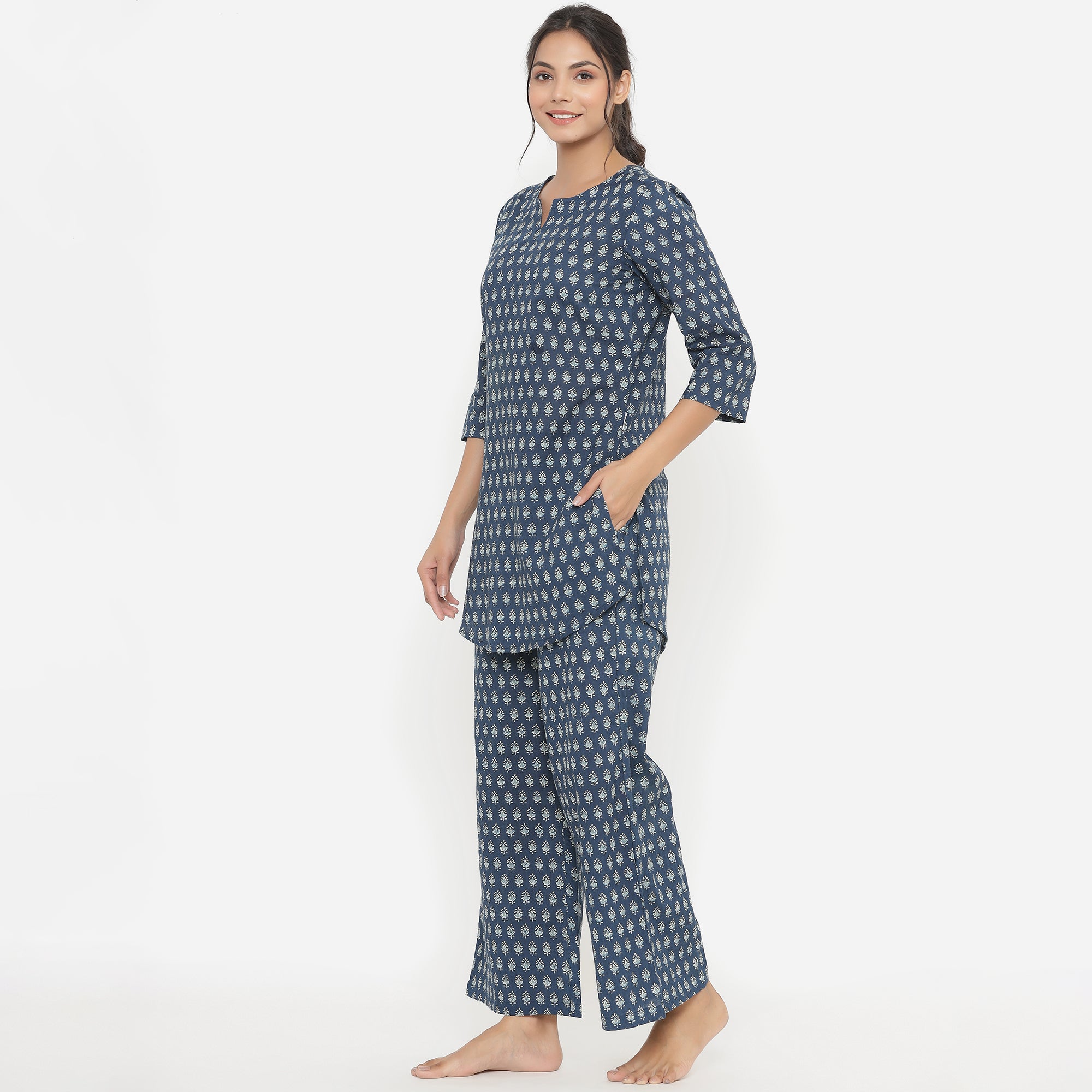 Petite Fleurs on Blue Loungewear Top Set