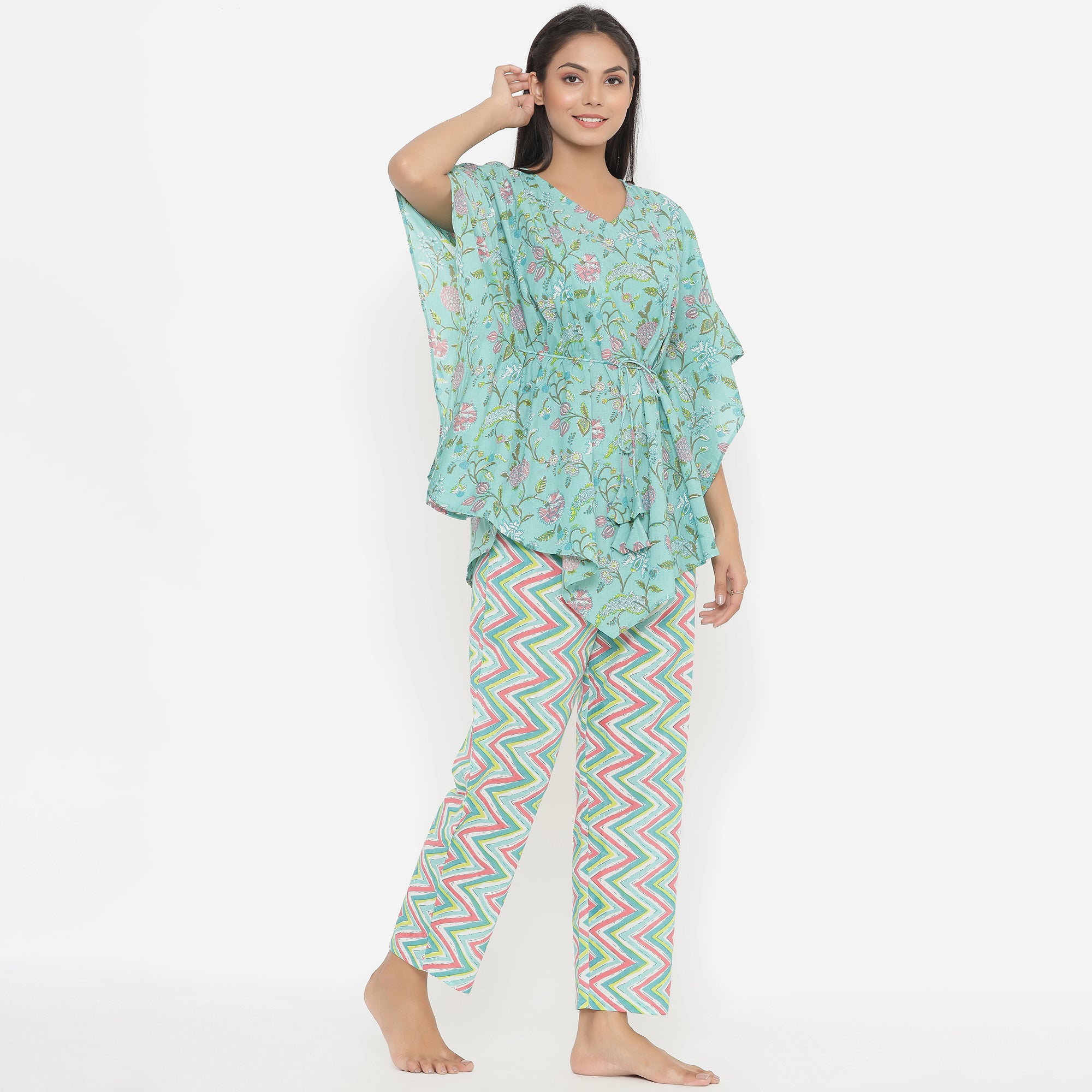 Jaal On Blue Kaftan Pyjama