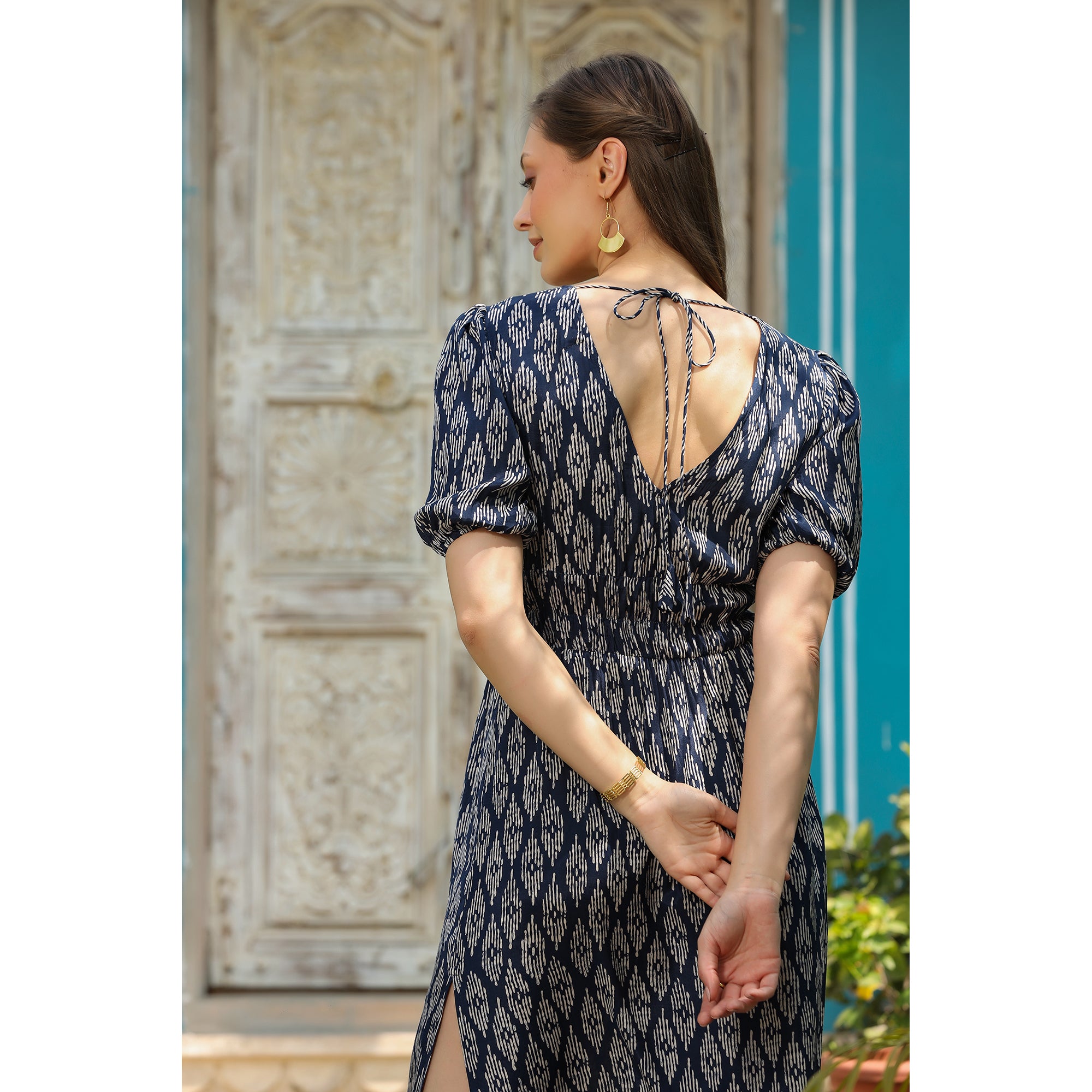 Ikat Blue Silk Midi Dress