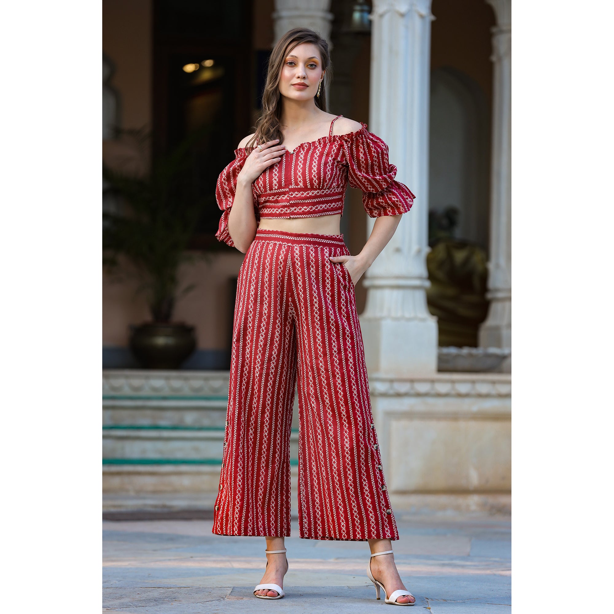 Shibori on Off-shoulder Maroon Cotton Co-ord set