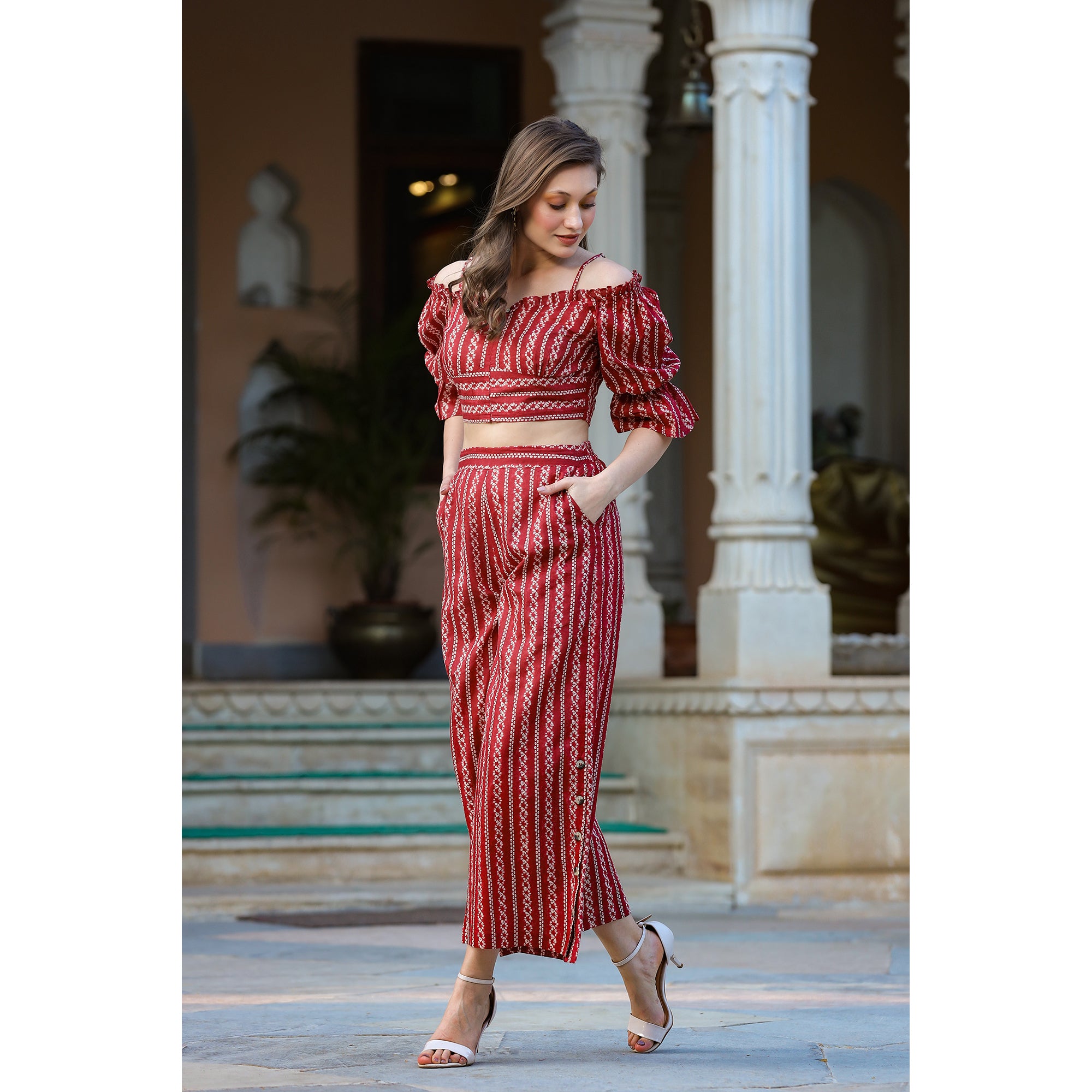 Shibori on Off-shoulder Maroon Cotton Co-ord set