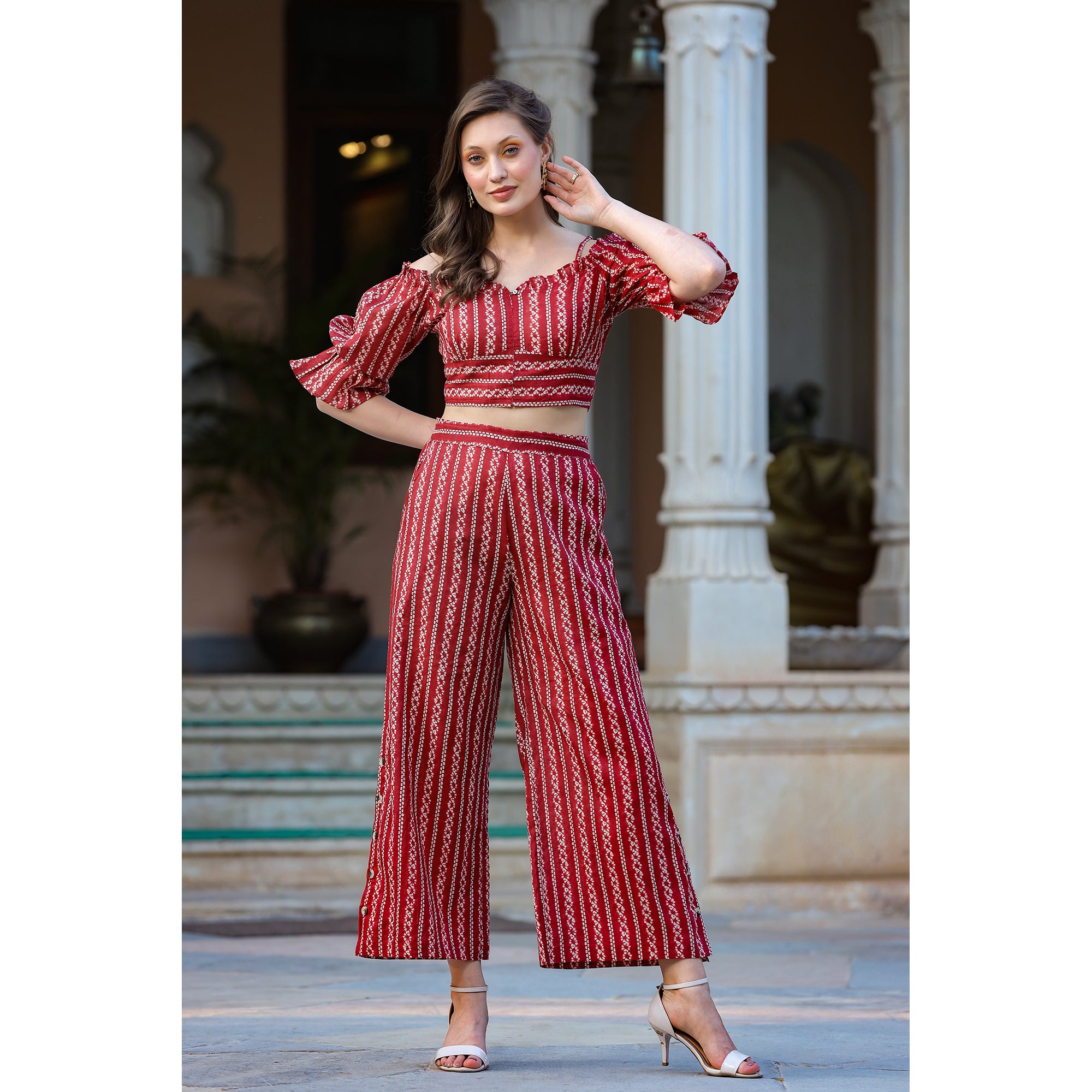 Shibori on Off-shoulder Maroon Cotton Co-ord set