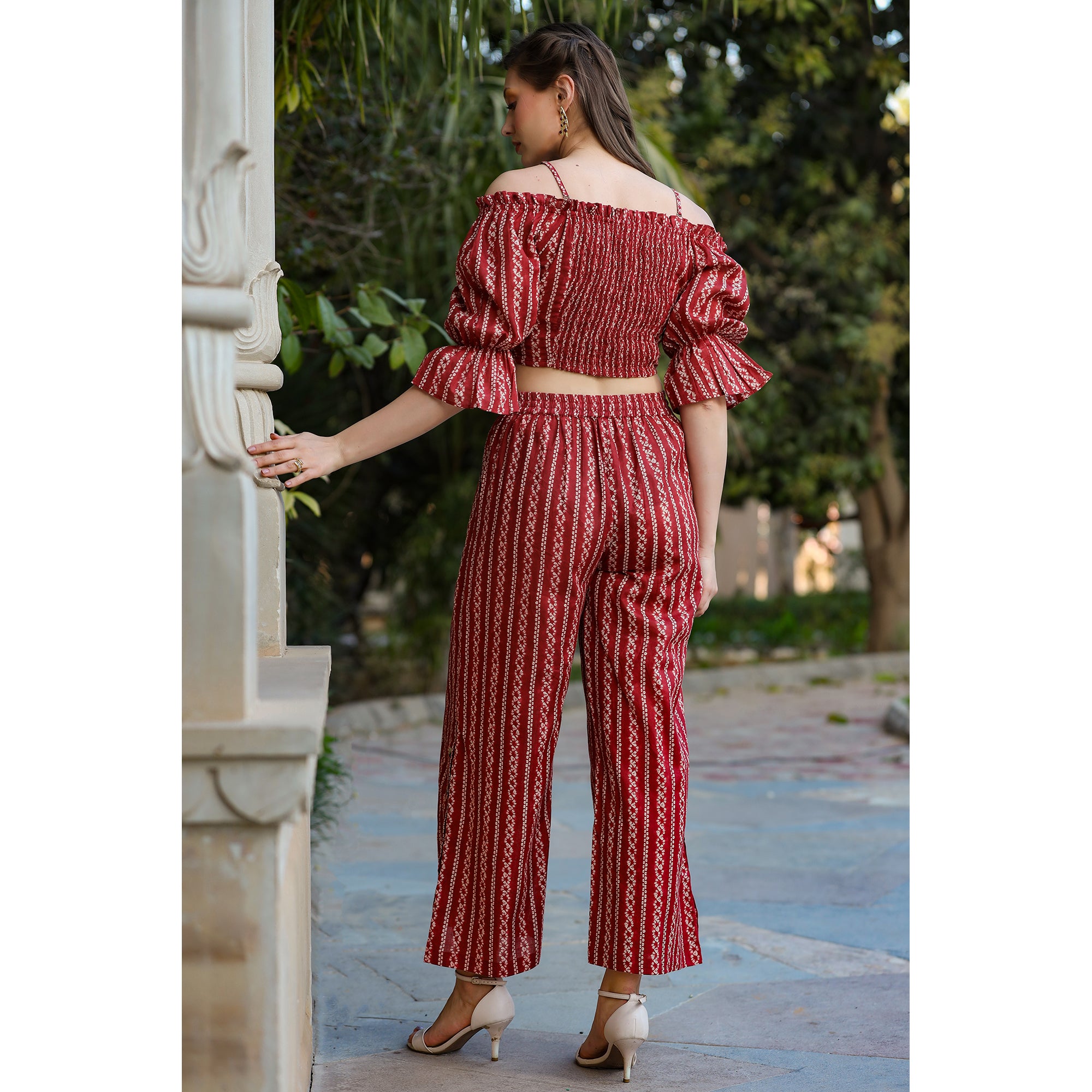 Shibori on Off-shoulder Maroon Cotton Co-ord set