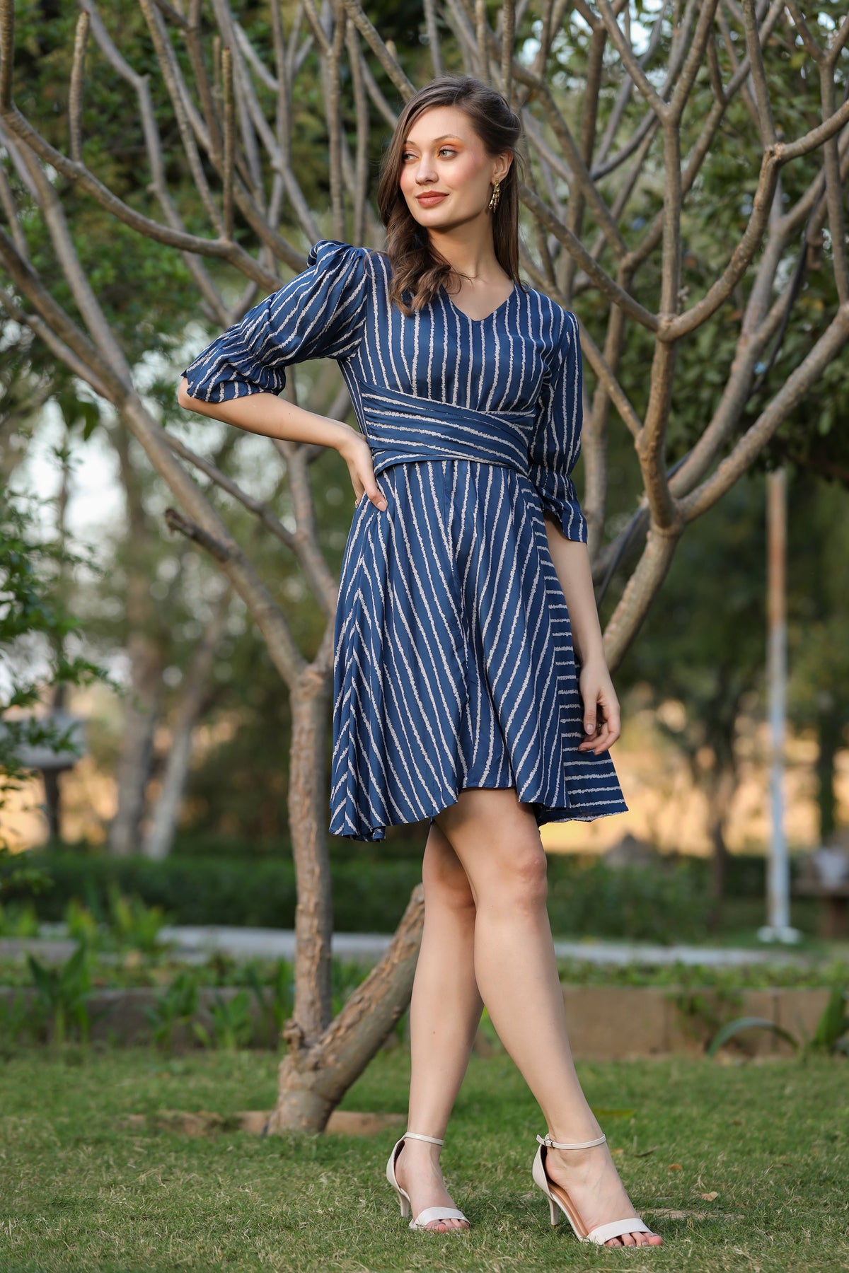 Chevron Blue Back Tie-up Summer Dress