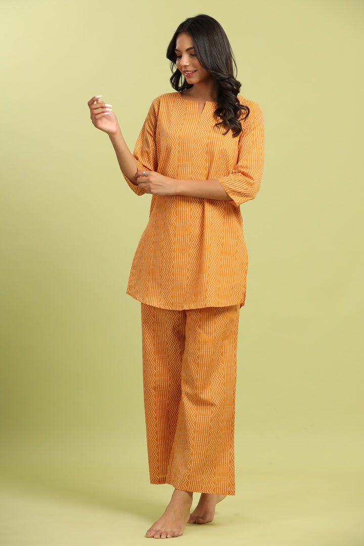 Patterned Bhandej on Cotton Mustard Pallazo Loungewear Set