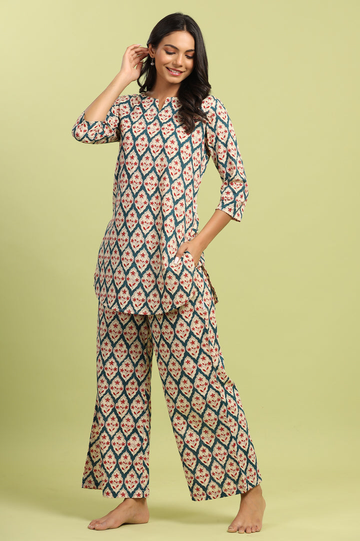 Jharokha on Teal Cotton Palazzo Loungewear Set