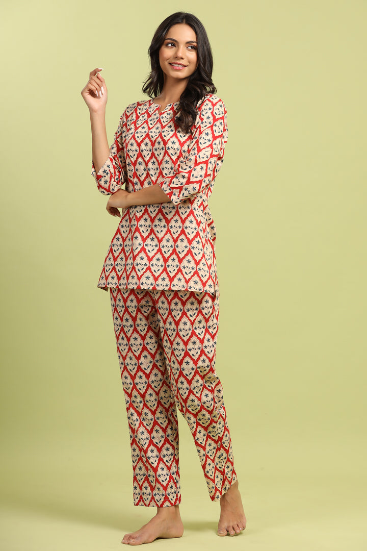 Jharokha on Red Cotton Loungewear Top Set