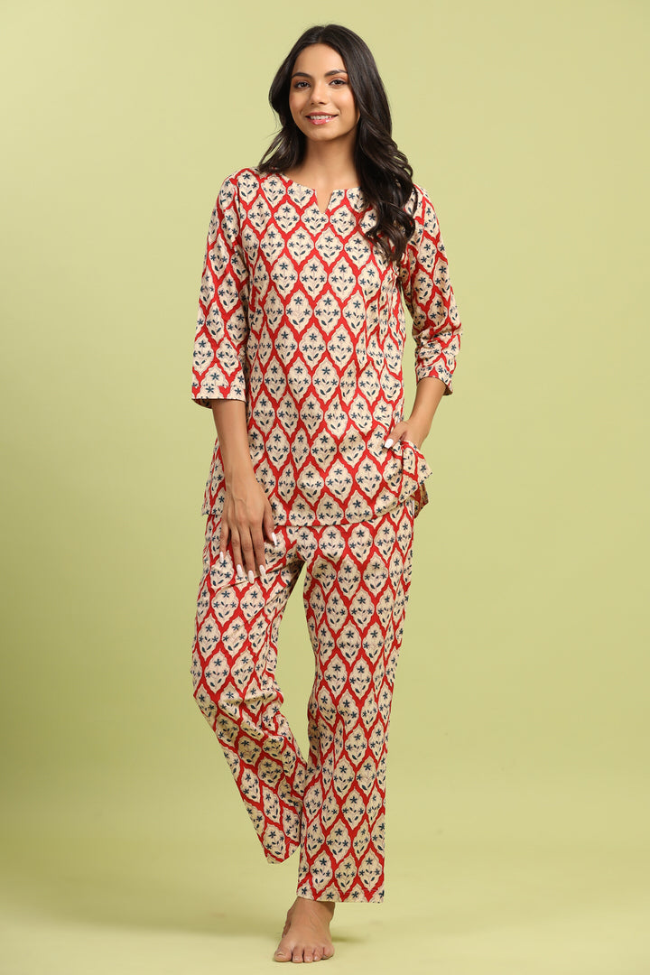 Jharokha on Red Cotton Loungewear Top Set