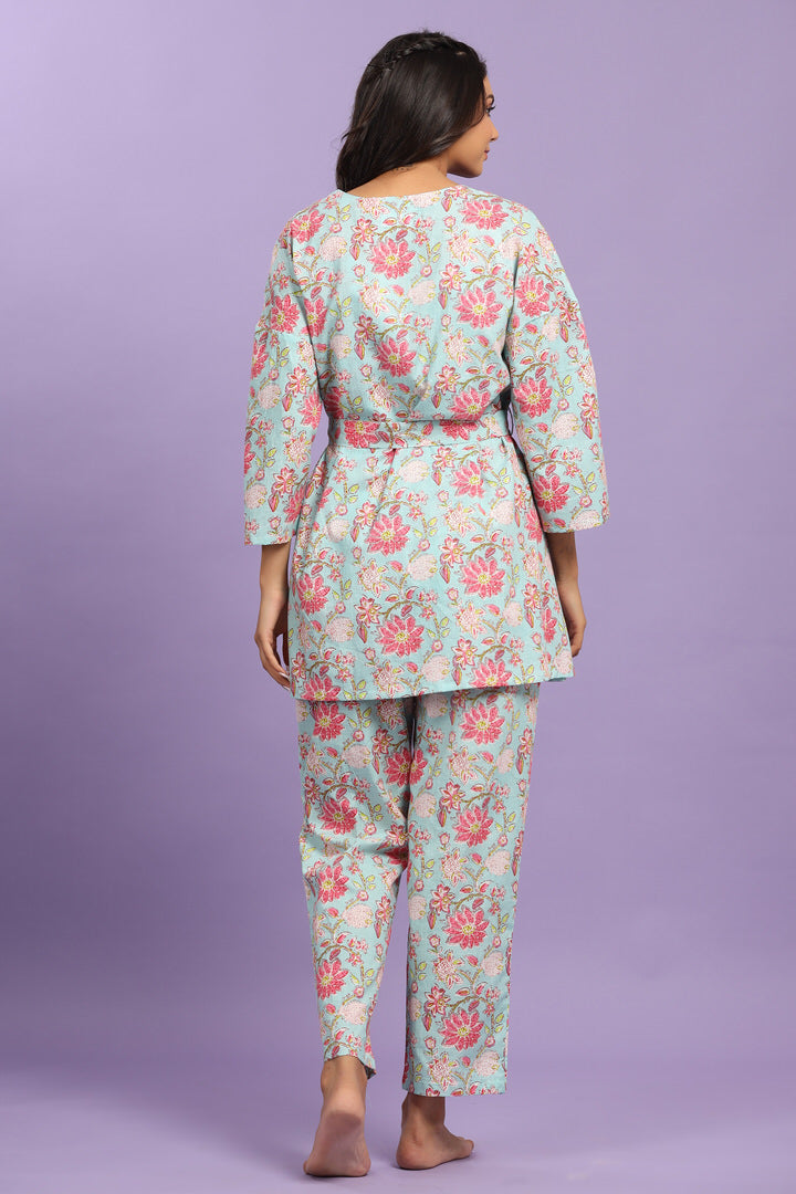 Enchanting Floral on Light Blue Cotton Three Piece Set