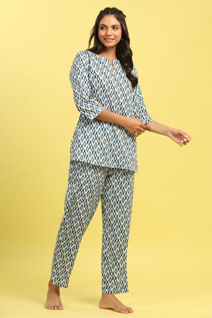 Checkered on White Cotton Loungewear Top Set