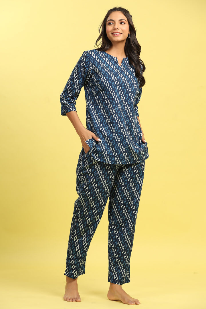 Checkered on Blue Cotton Top Set