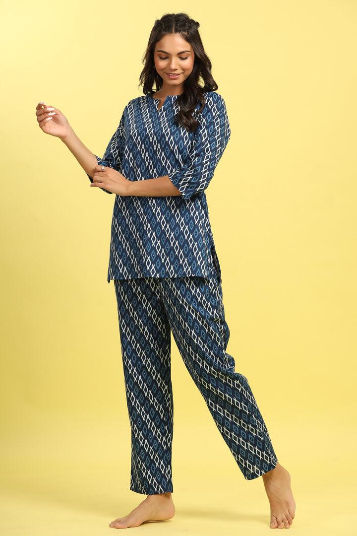Checkered on Blue Cotton Top Set