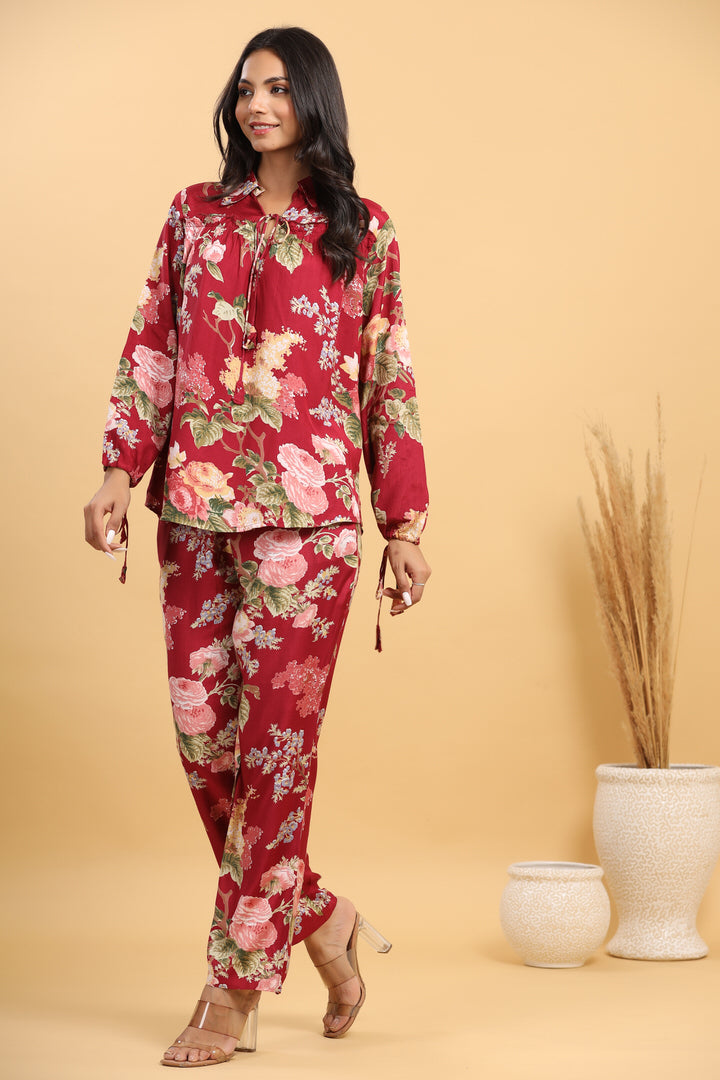 Russian Silk Red Floral Co-ord Set