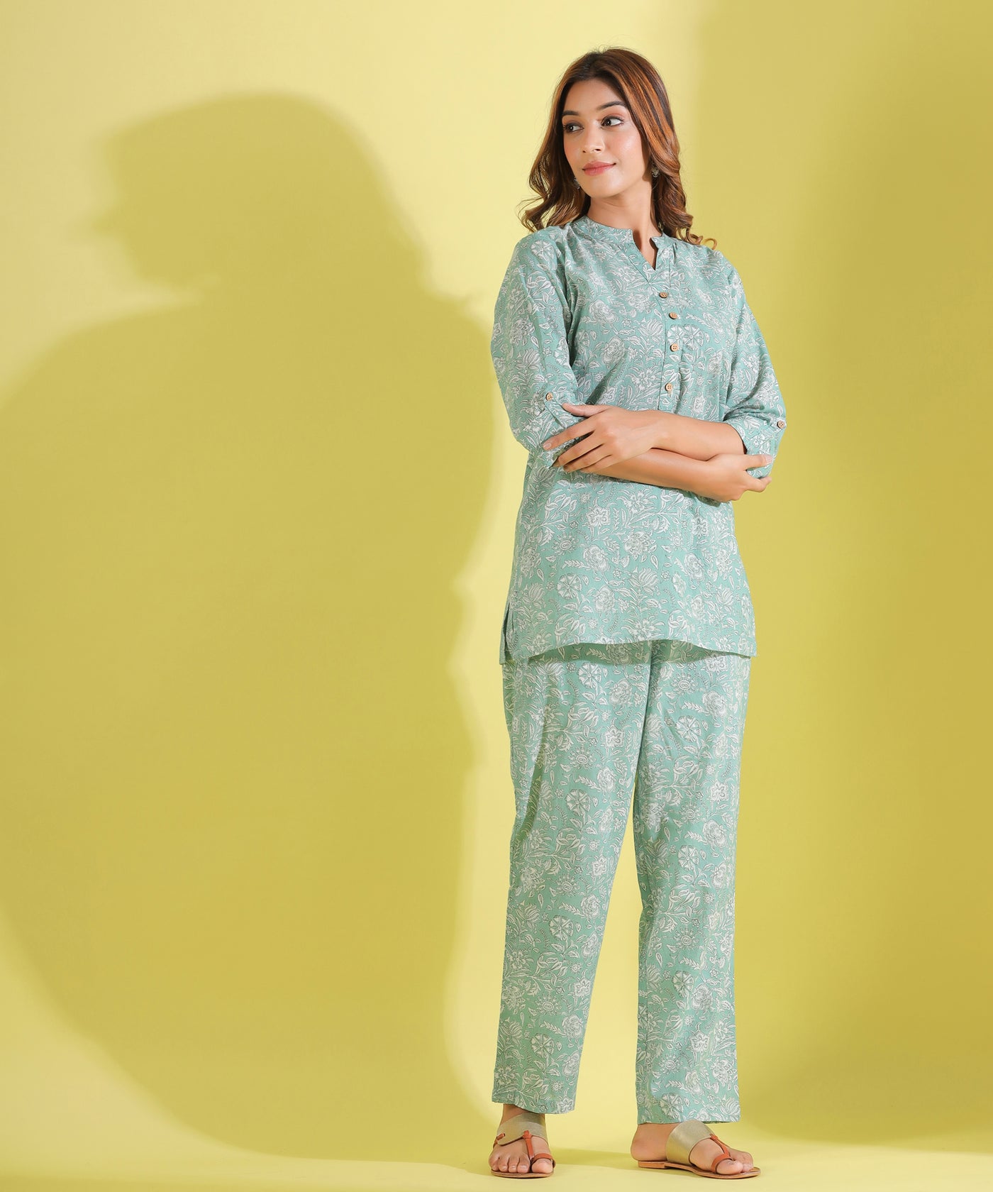Amber Bloom on Skyblue Cotton Loungewear Set