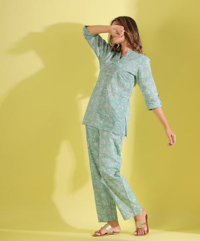 Amber Bloom on Skyblue Cotton Loungewear Set