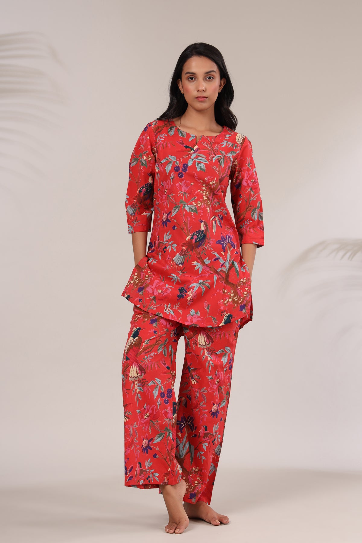 Chirping Bird On Red Loungewear Top Set