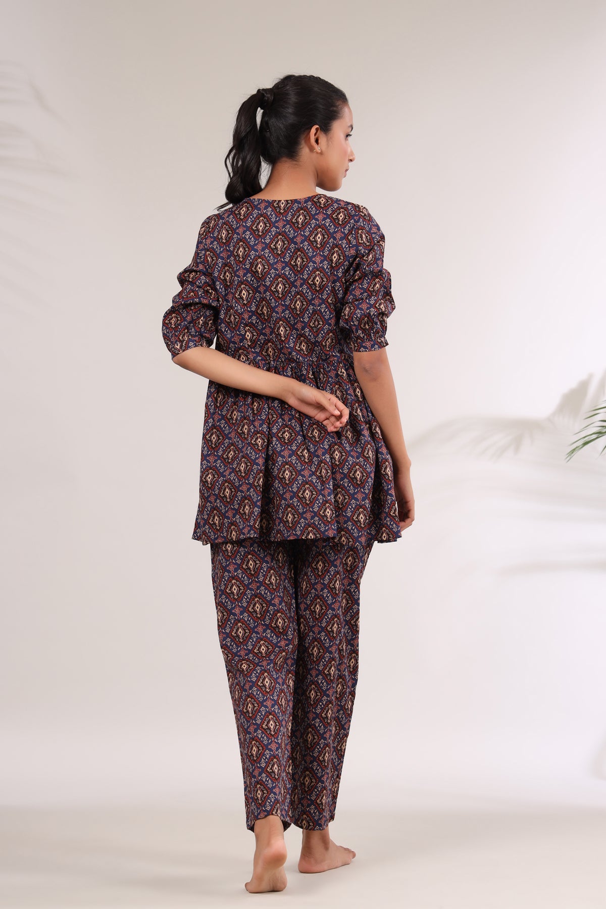 Bagru Kalamkari Print on Blue Peplum Loungewear Top Set