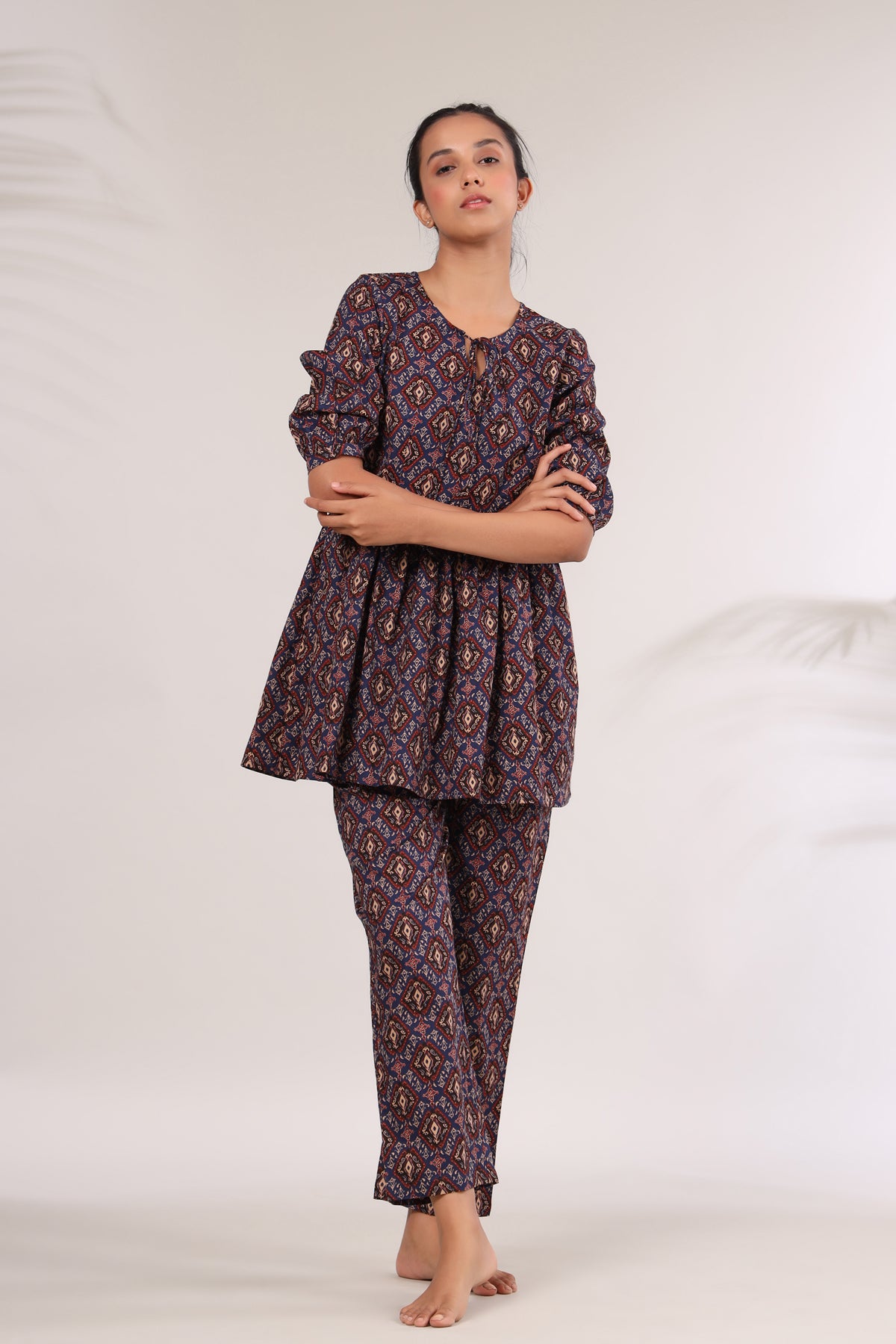 Bagru Kalamkari Print on Blue Peplum Loungewear Top Set