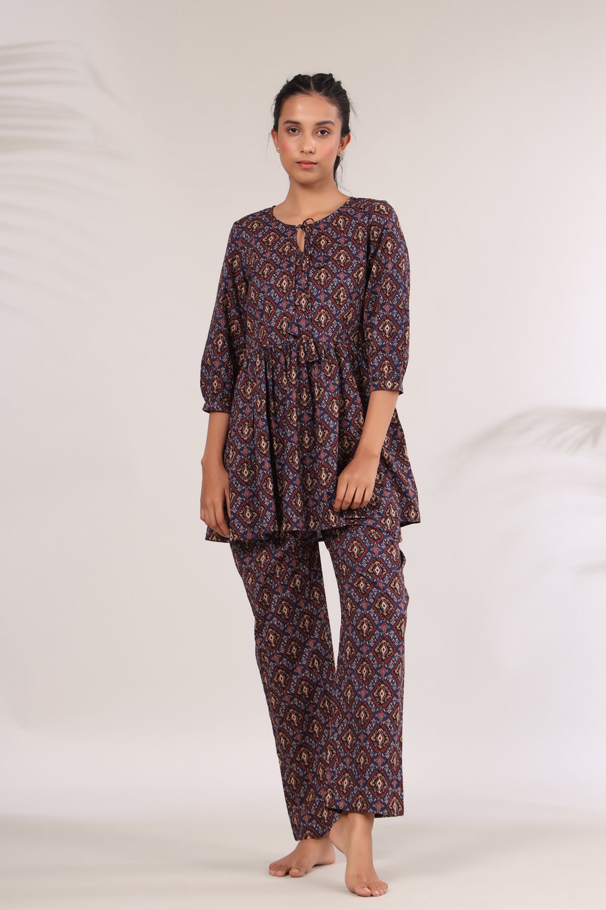 Bagru Kalamkari Print on Blue Peplum Loungewear Top Set