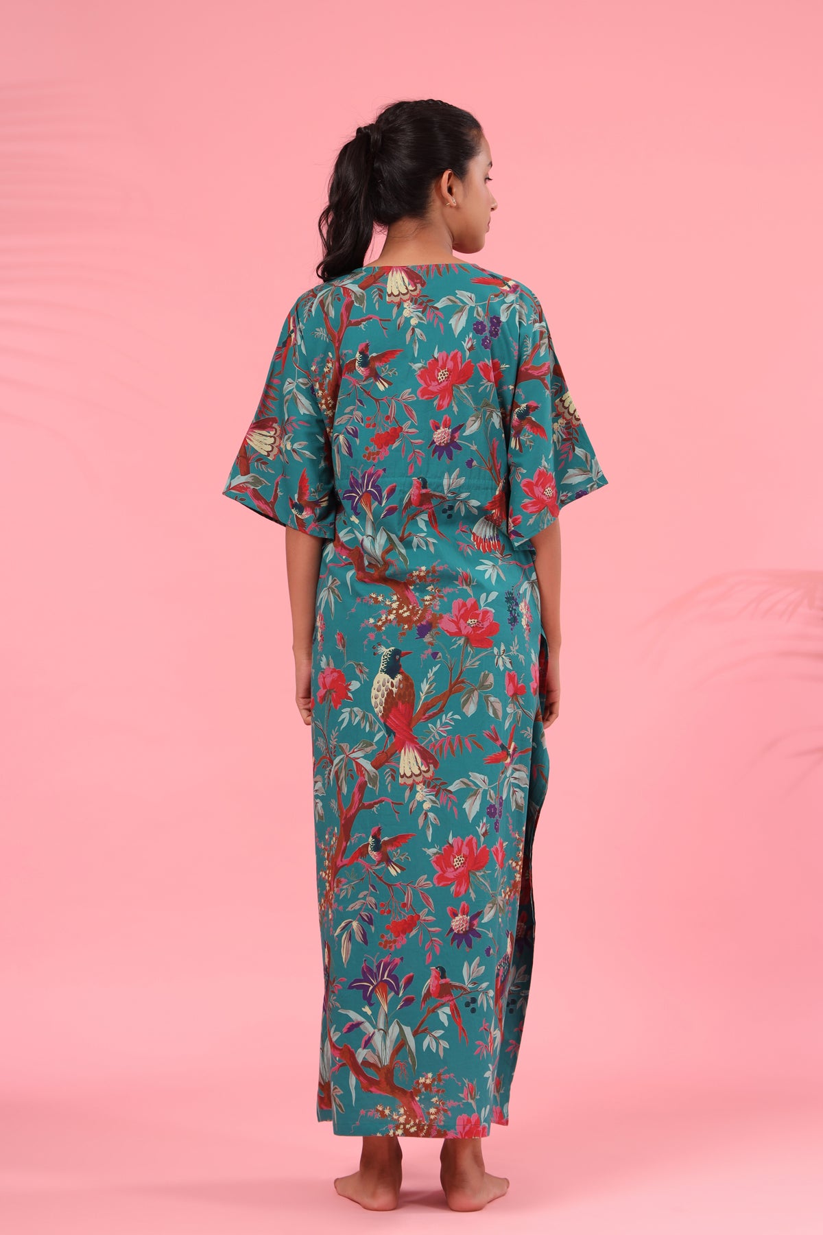 Chirping Bird on Teal Kaftan