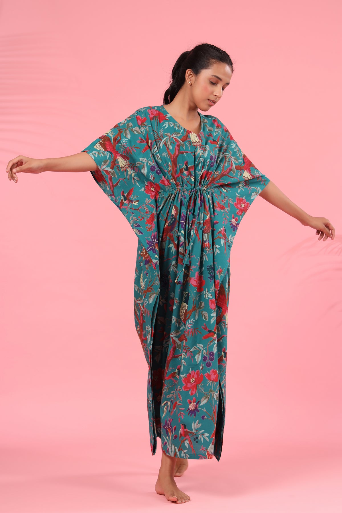 Chirping Bird on Teal Kaftan