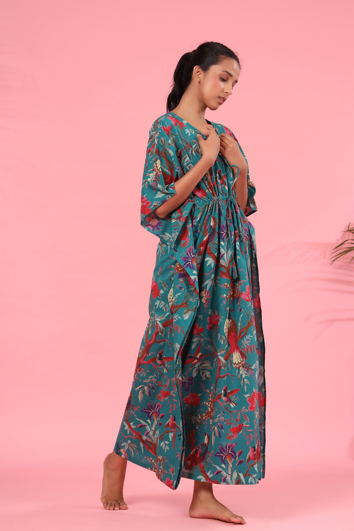 Chirping Bird on Teal Kaftan