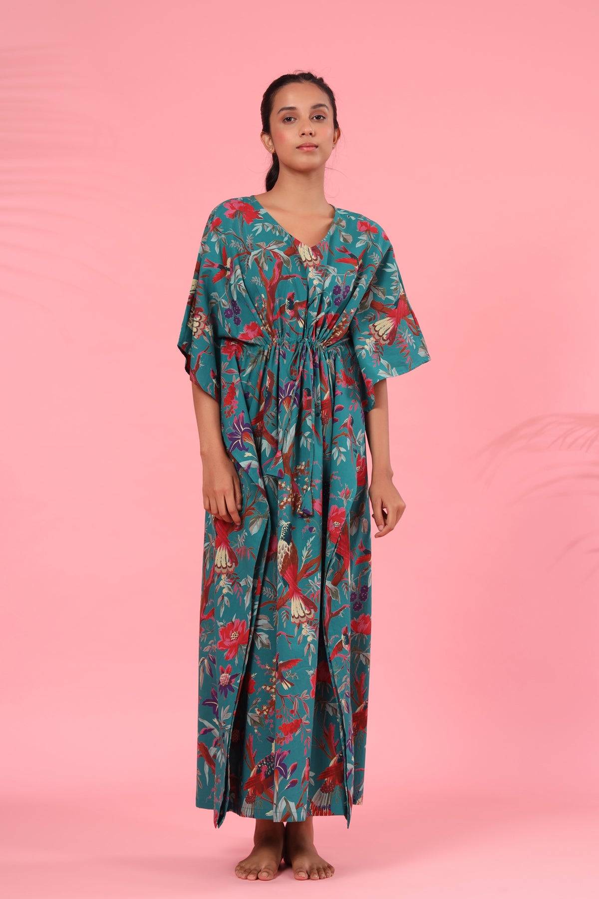 Chirping Bird on Teal Kaftan