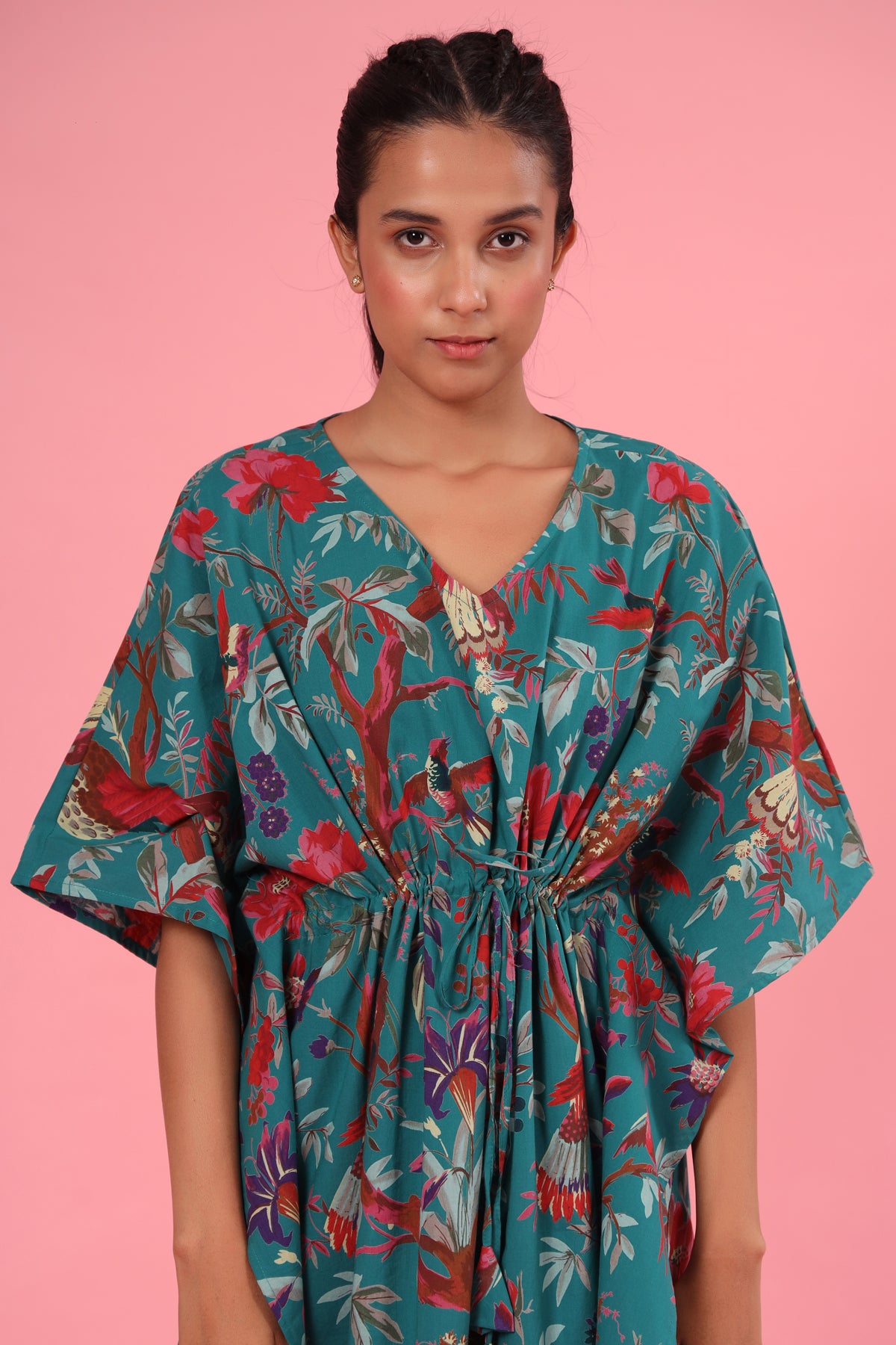 Chirping Bird on Teal Kaftan