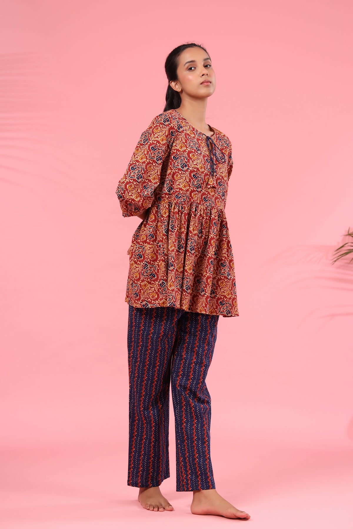 Bagru Kalamkari on Maroon Peplum Pyjama Sets