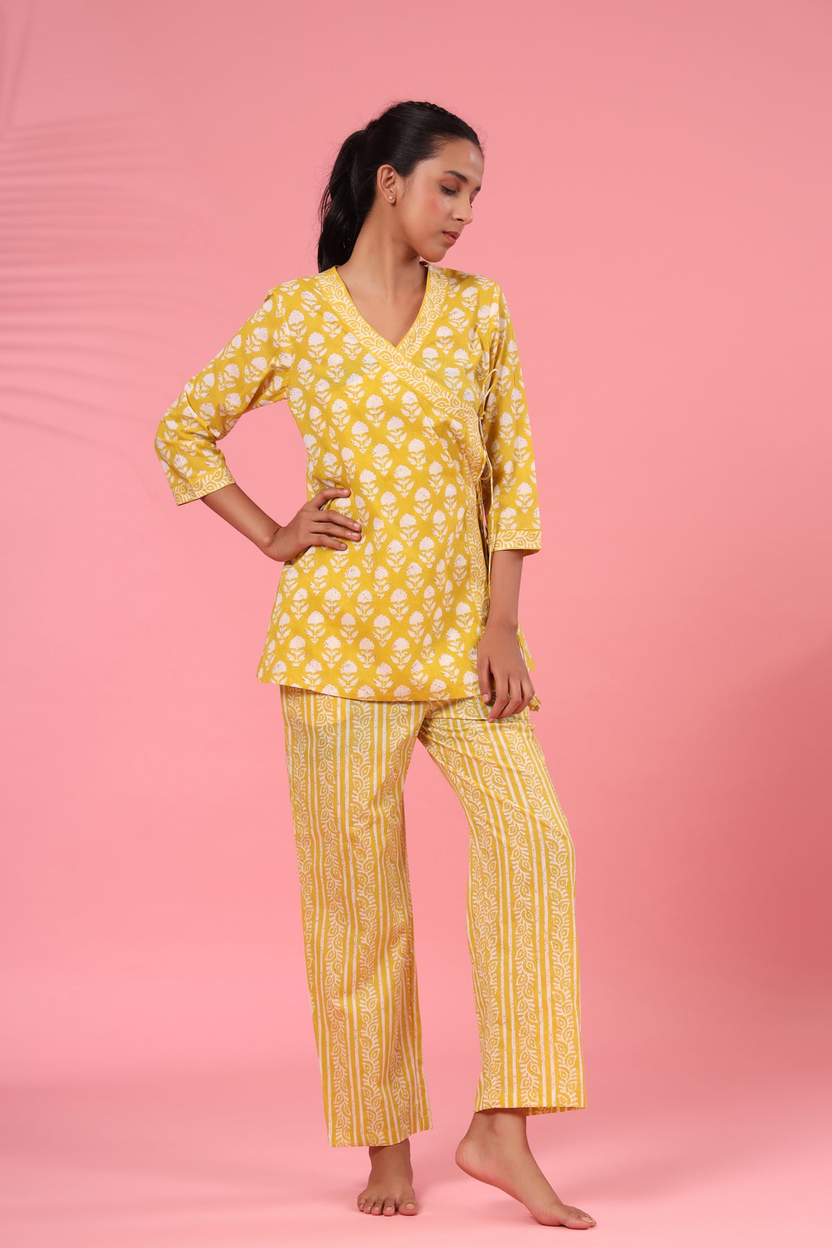 White Buta on Mustard Angrakha Loungewear Top Set