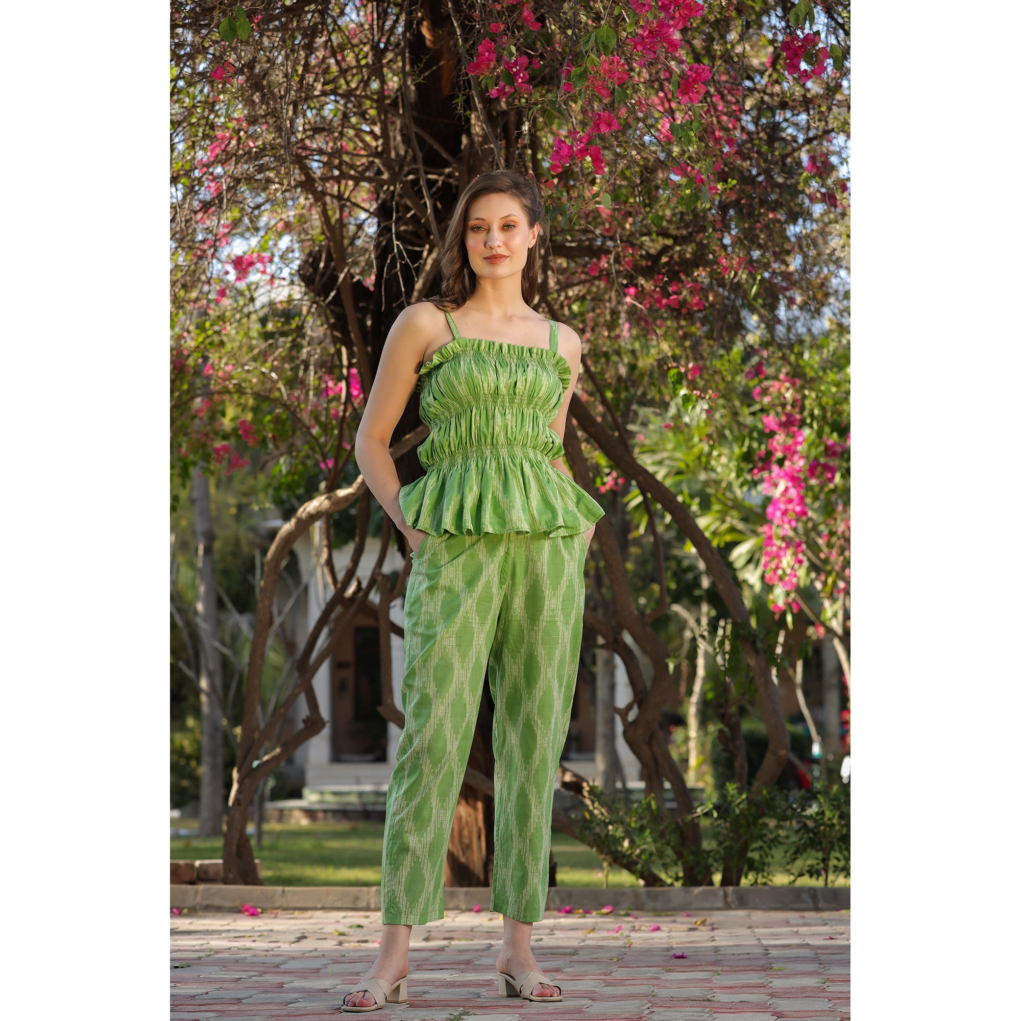 Smocked Shibori on Green cotton Co-ord Set