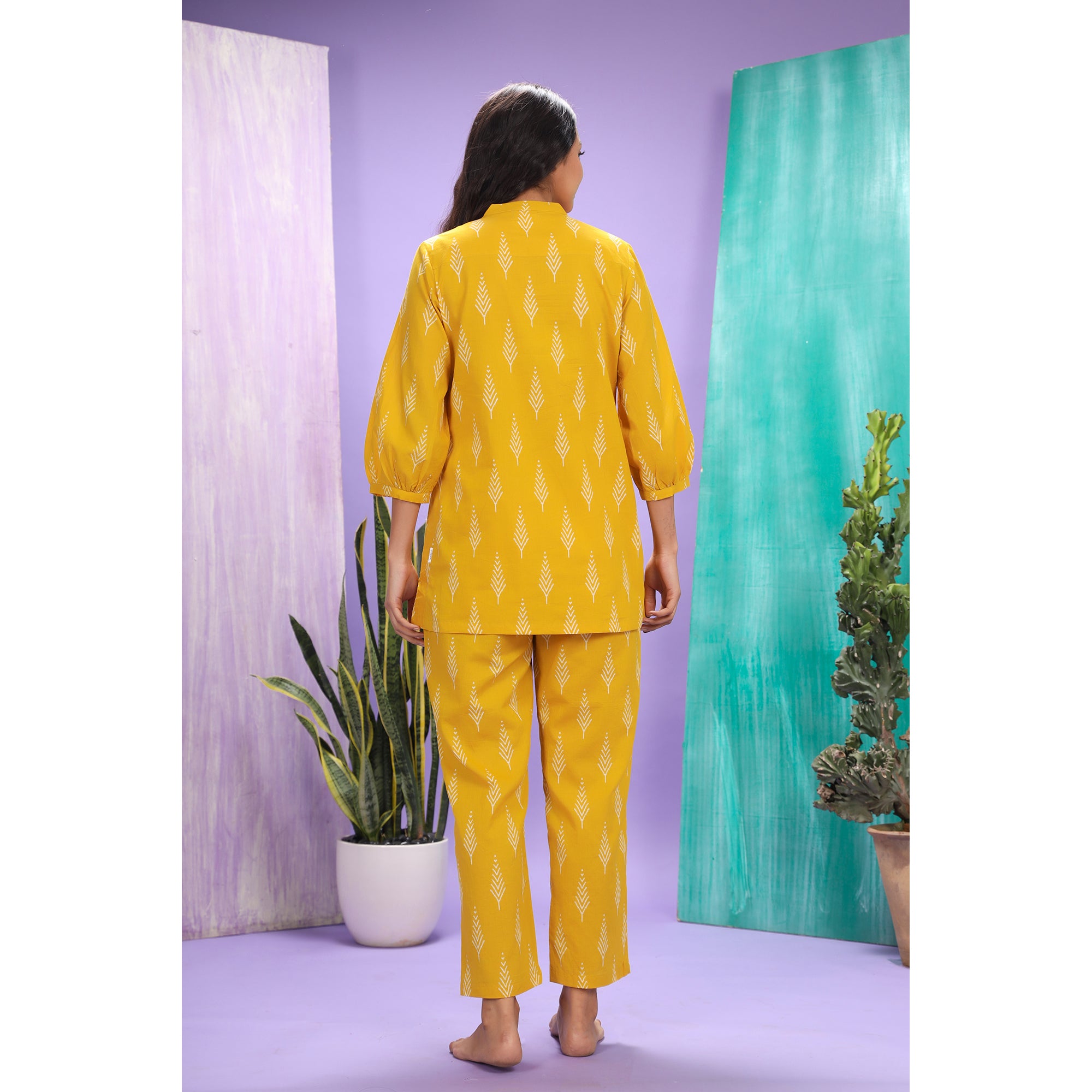 Tropical Trees On Mustard Loungewear Top Set