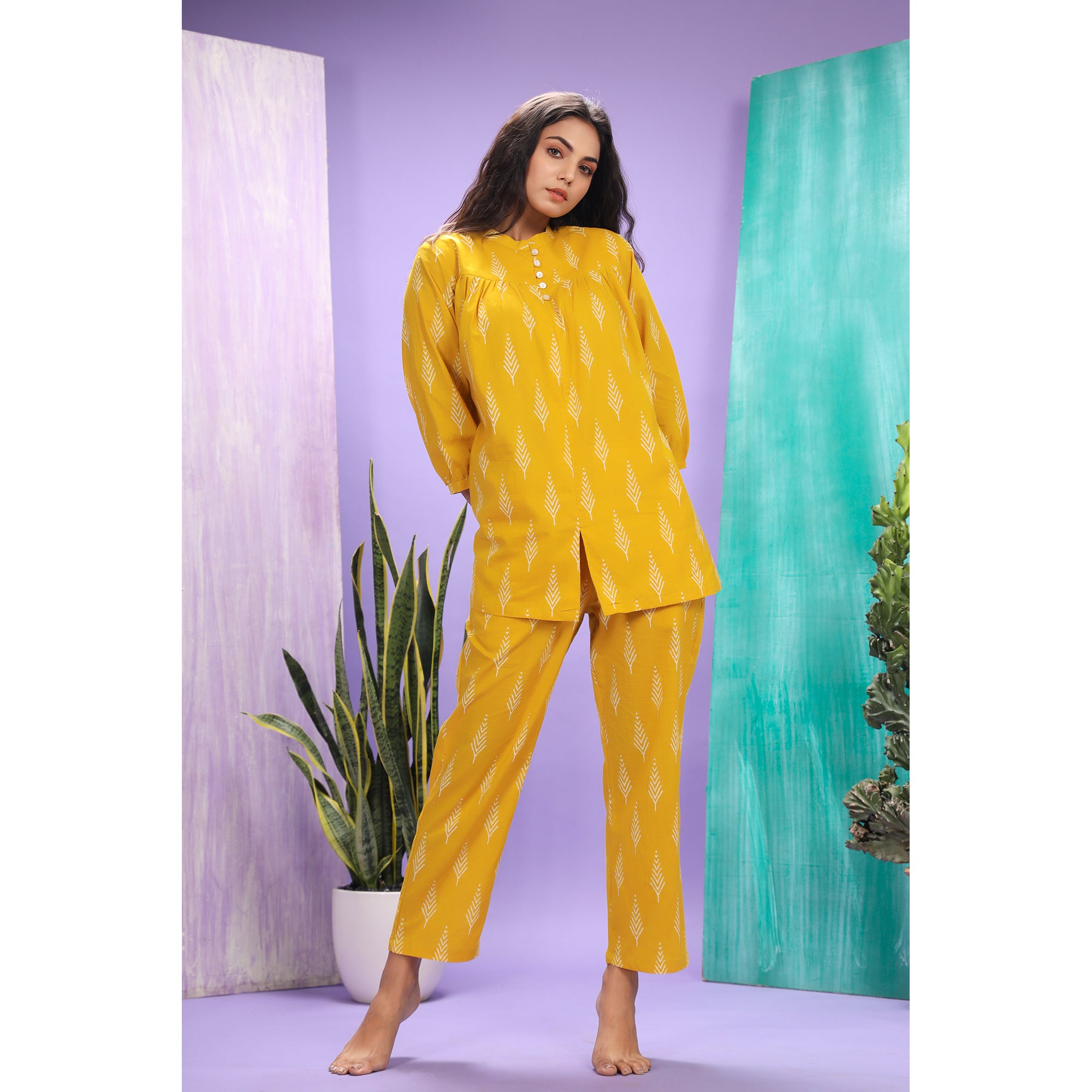 Tropical Trees On Mustard Loungewear Top Set