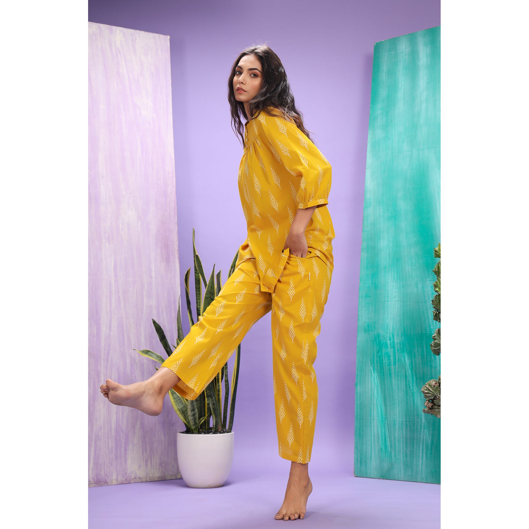 Tropical Trees On Mustard Loungewear Top Set