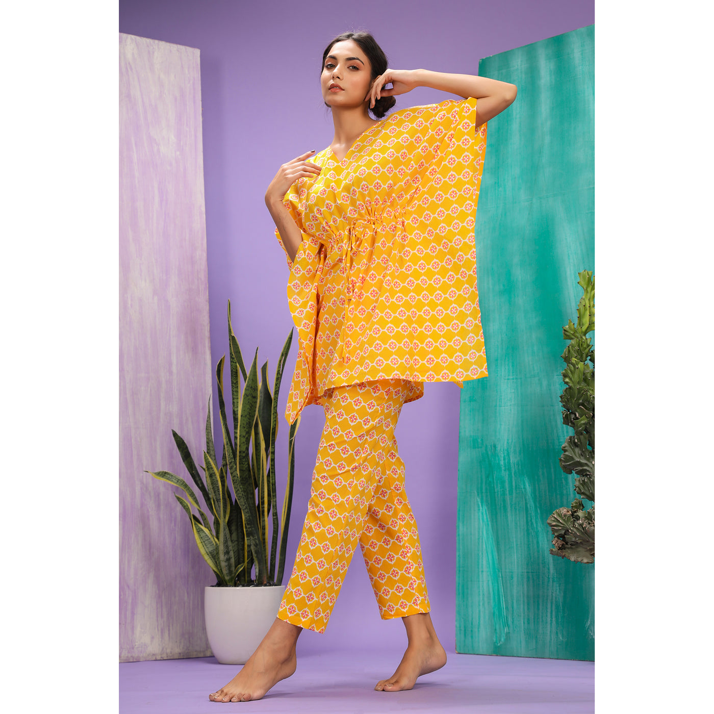 Glitched Mandala on Yellow Kaftan Pyjama