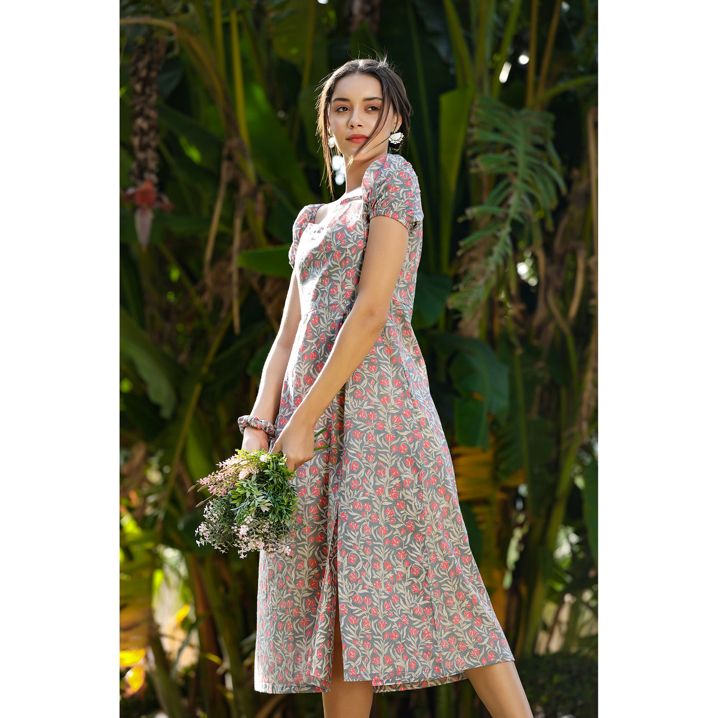Floral Mosaic on Grey Midi Slit Dress