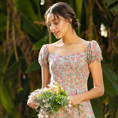 Floral Mosaic on Grey Midi Slit Dress