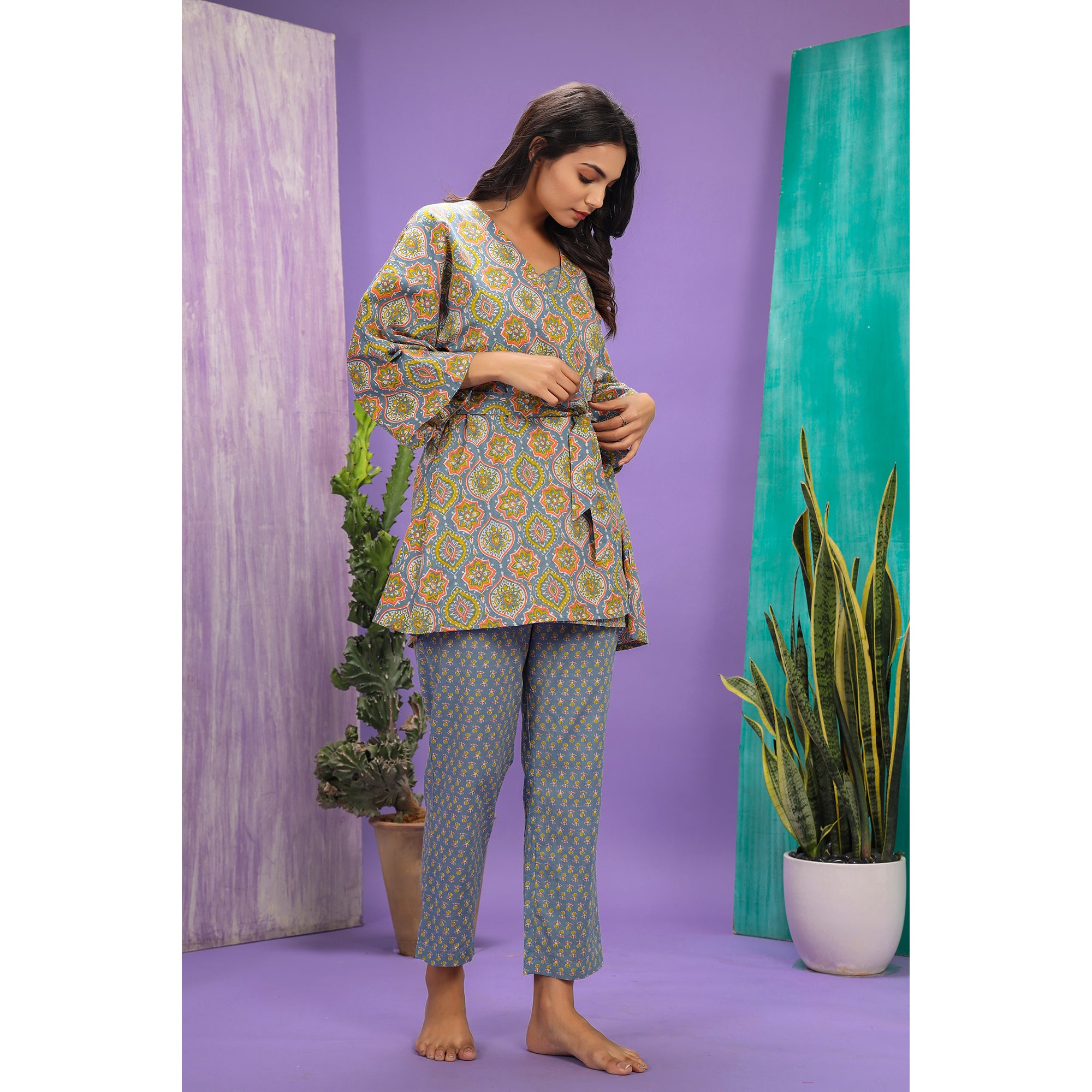 Mughal Coromandel on Grey Shrug Set Jisora Jaipur