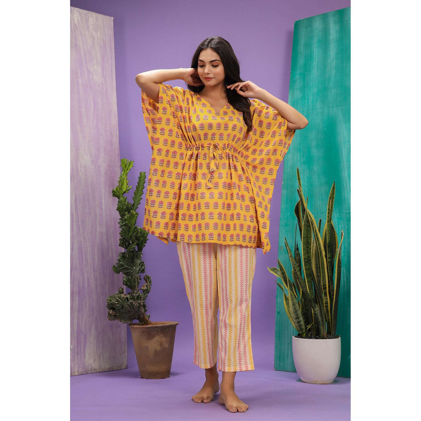 Blossoms with Contrast Stripes on Yellow Kaftan Pyjama