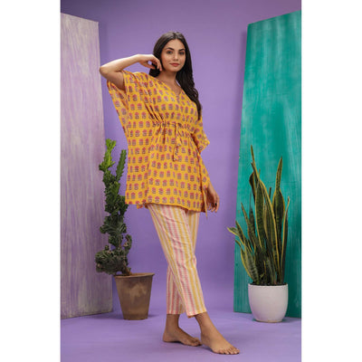 Blossoms with Contrast Stripes on Yellow Kaftan Pyjama