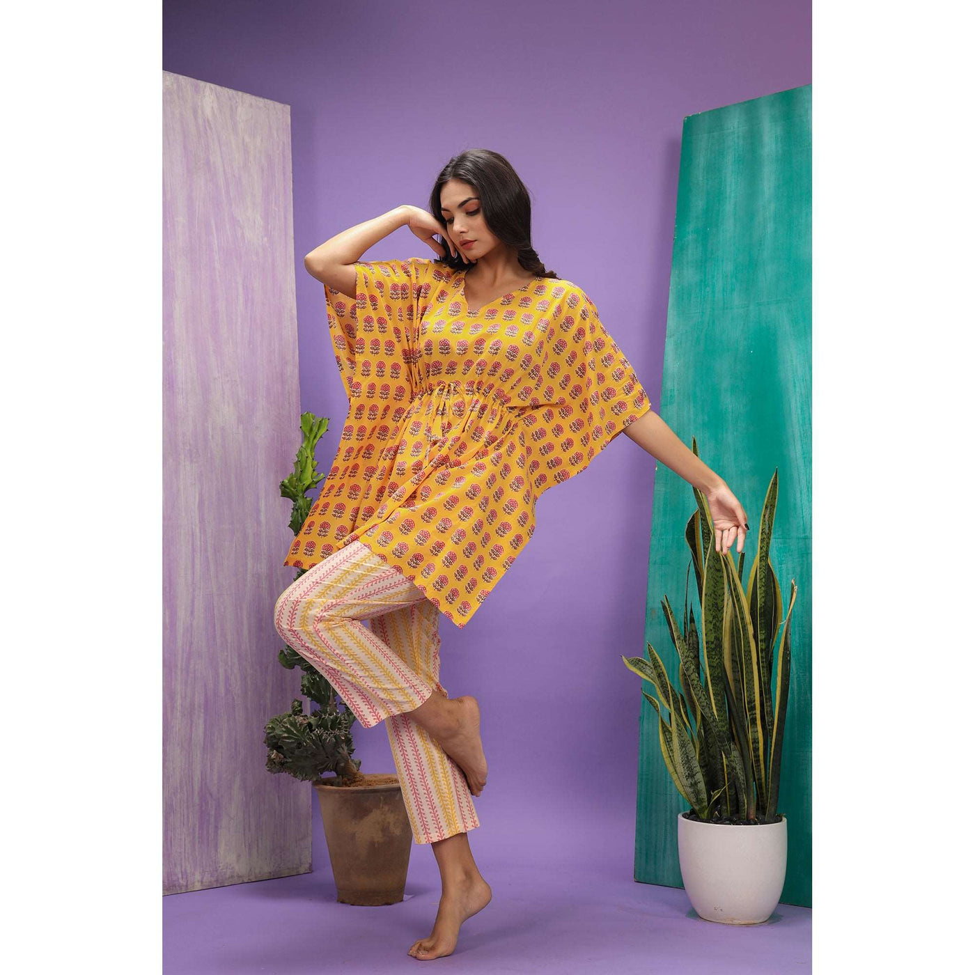 Blossoms with Contrast Stripes on Yellow Kaftan Pyjama