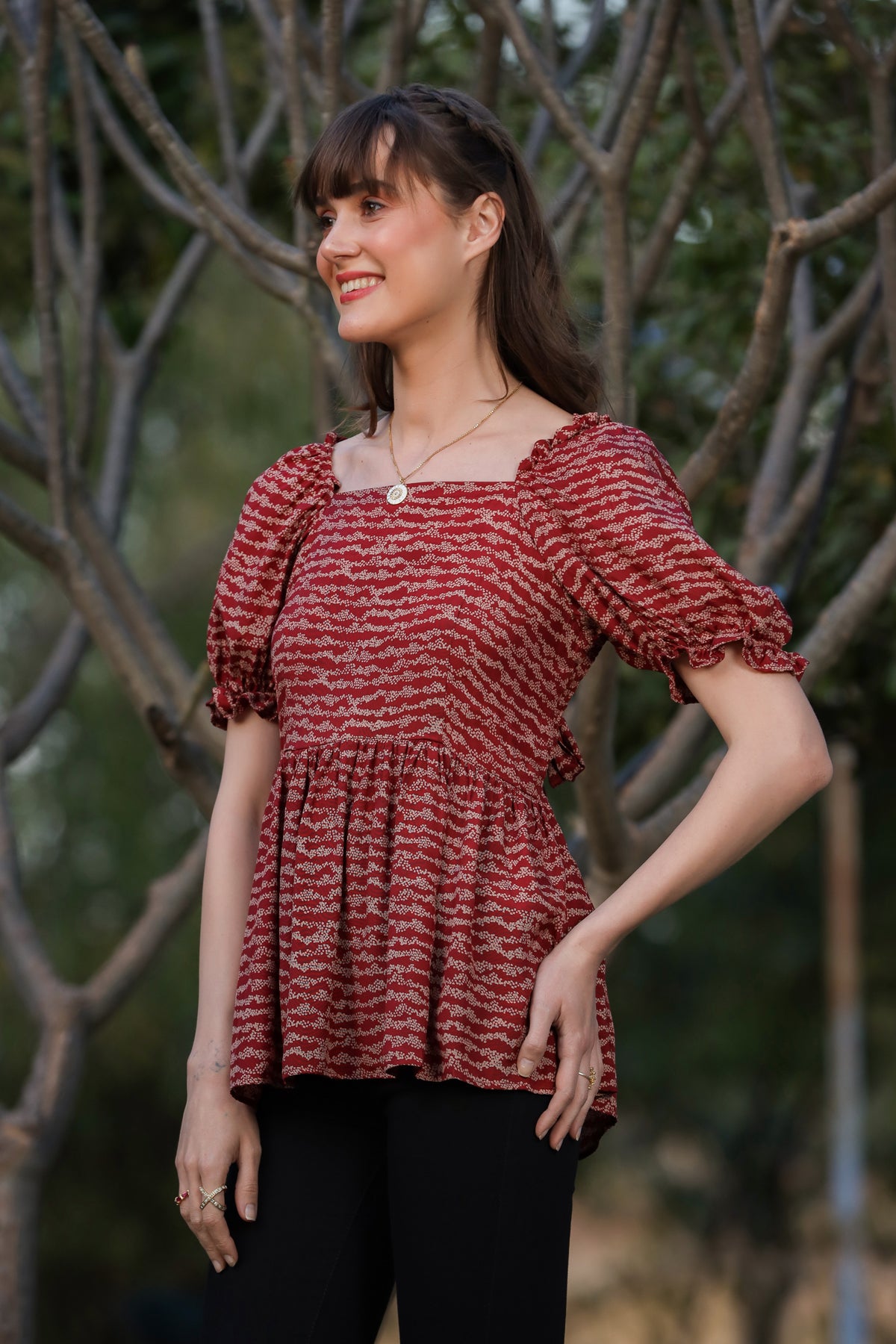 Abstract on Smocking Maroon Top