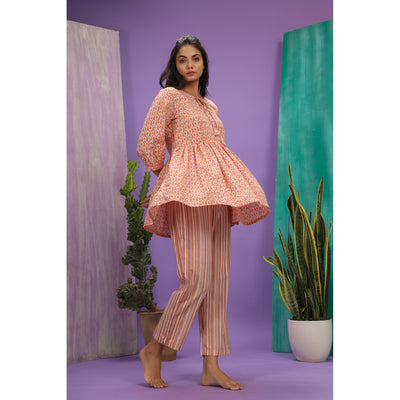 Floret with Contrast Stripes on Peach Loungewear