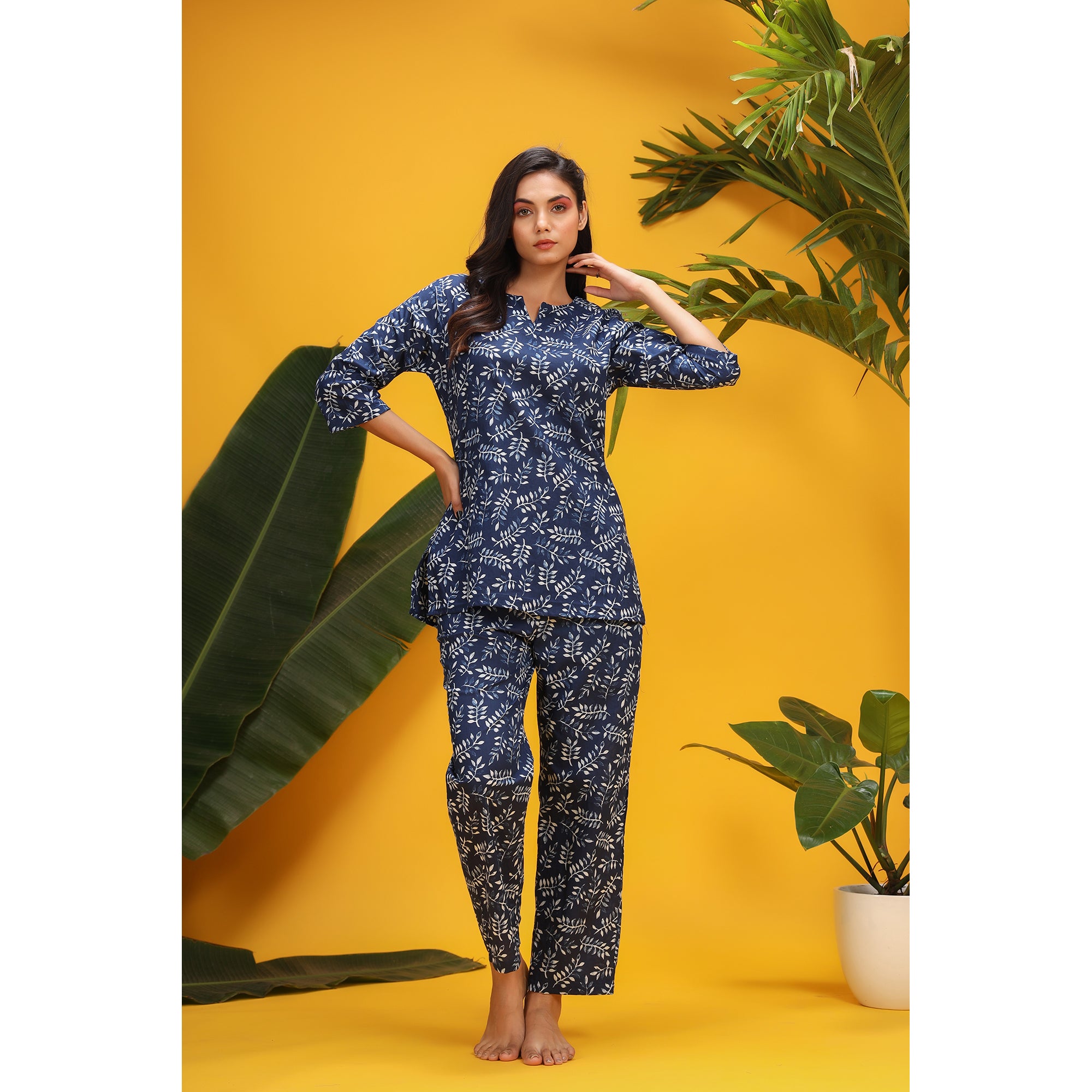 Neem Leaves on Blue Loungewear Top Set